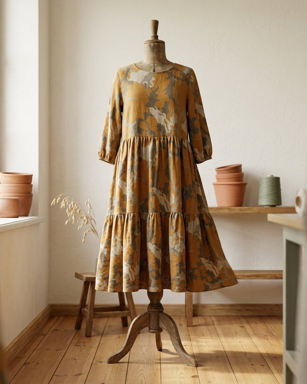Zastosowanie Len Craspo Drukowana Camo Brown: Sukienka boho