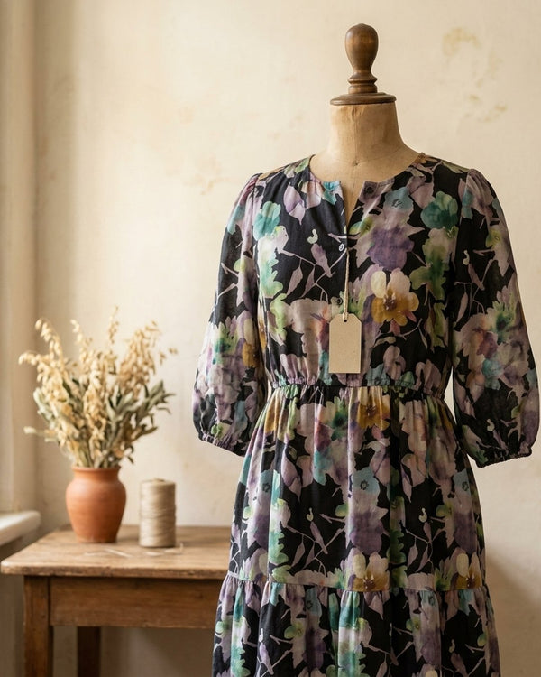 Zastosowanie Len Craspo Drukowana Kwiatowa Łąka Błękitna: Sukienka boho