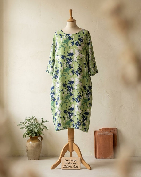 Zastosowanie Len Craspo Drukowana Zielona Flora: Sukienka boho