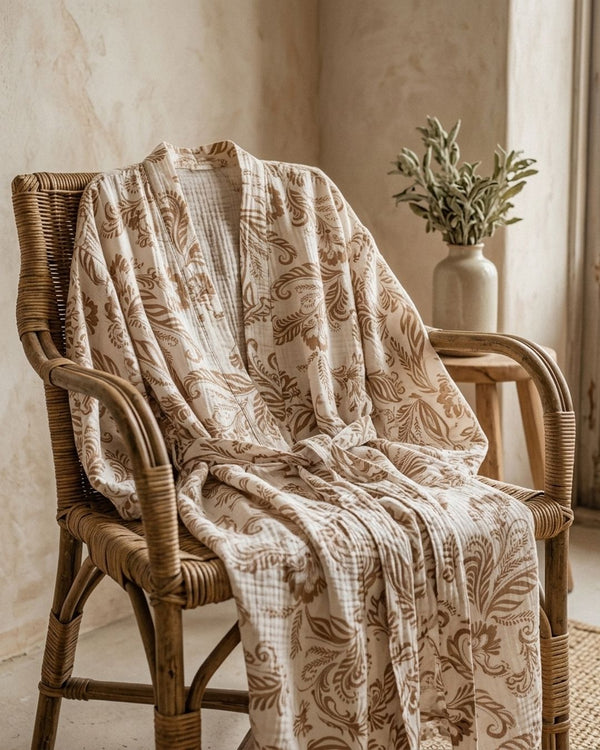 Zastosowanie Muślin Drukowany Floral Karmel: Kimono plażowe
