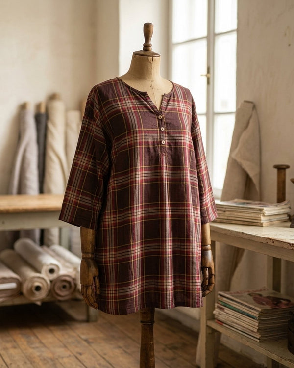 Bawełna Kratka Haftowana Bordowa - Tunika boho