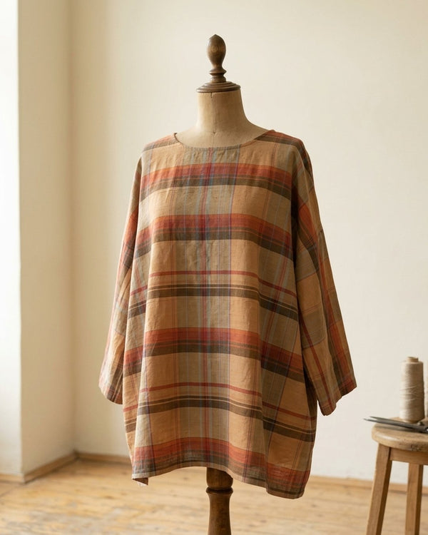 Bawełna Kratka Haftowana Camel - Tunika boho