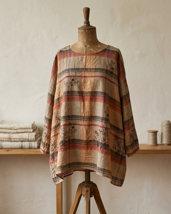 Bawełna Kratka Haftowana Camel II - Tunika boho
