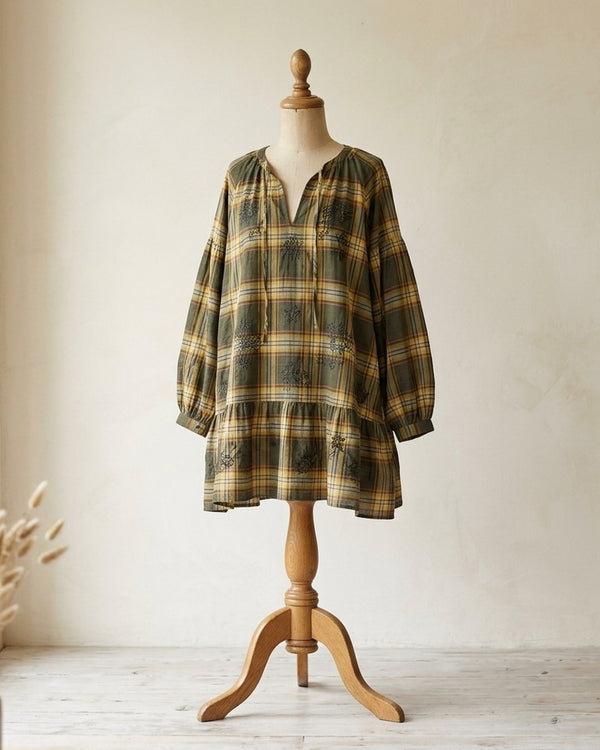 Bawełna Kratka Haftowana Khaki - Tunika boho