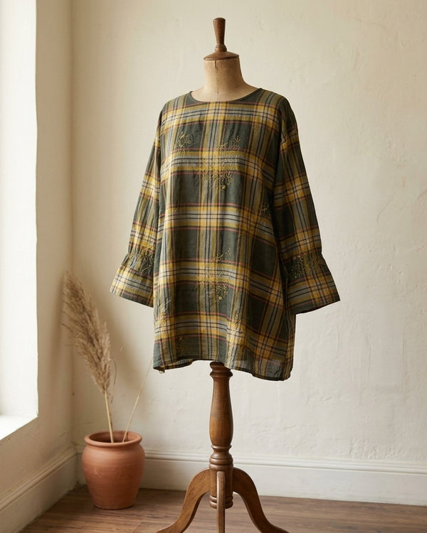 Bawełna Kratka Haftowana Khaki II - Tunika boho