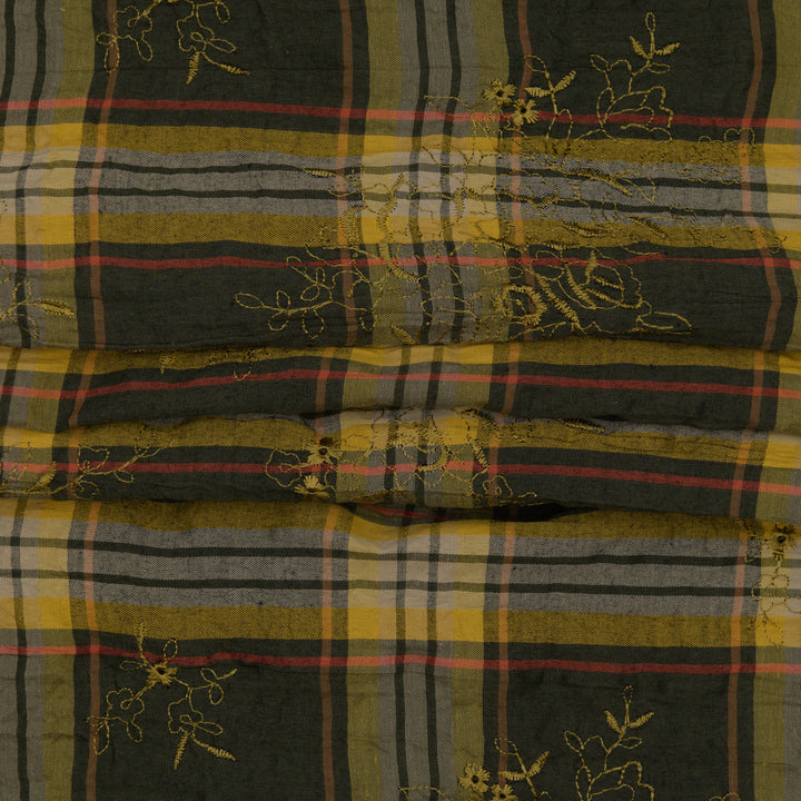 Bawełna Kratka Haftowana Khaki II - Textil World