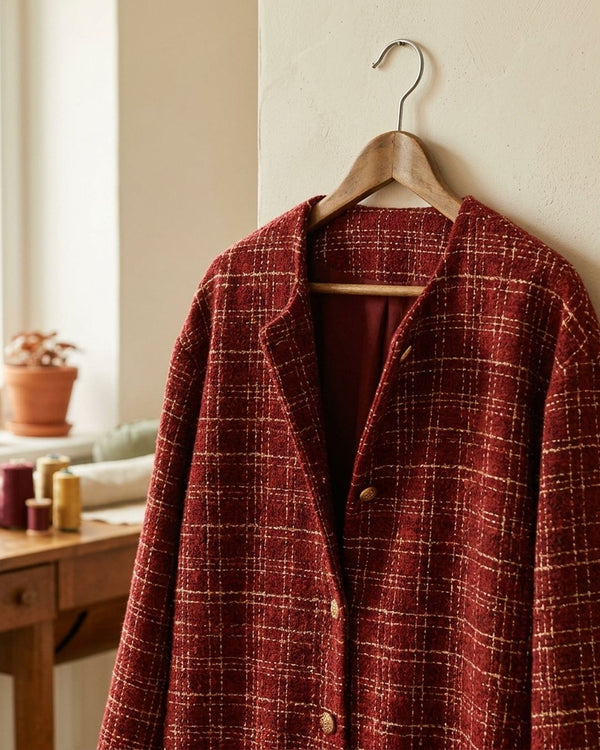 Chanelka Luzio Burgundowa Krata - Żakiet tweed oversize