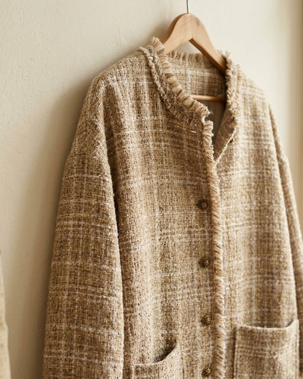Chanelka Luzio Beżowa Krata - Żakiet tweed oversize