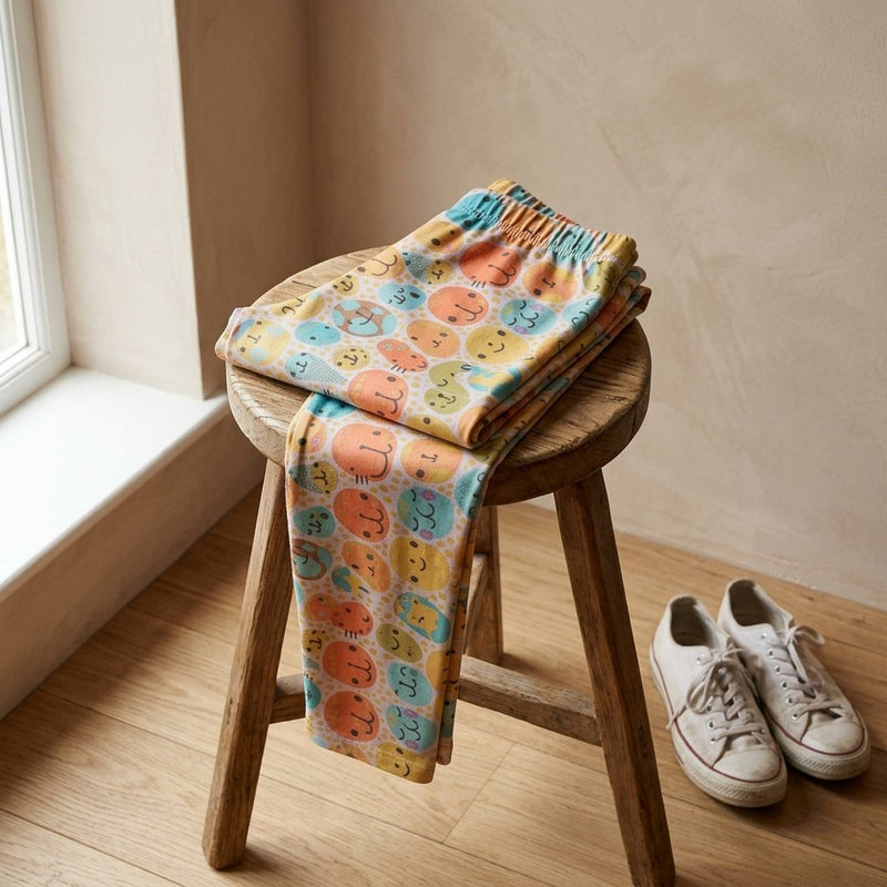 Dresówka Drukowana Wesołe Buzie – legginsy z tej tkaniny