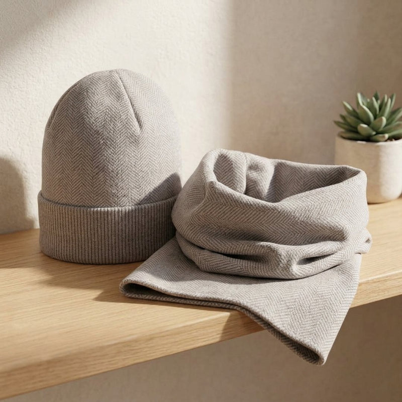 Dzianina Tweed Jodełka Jasny Beż – czapka i komin z tej tkaniny