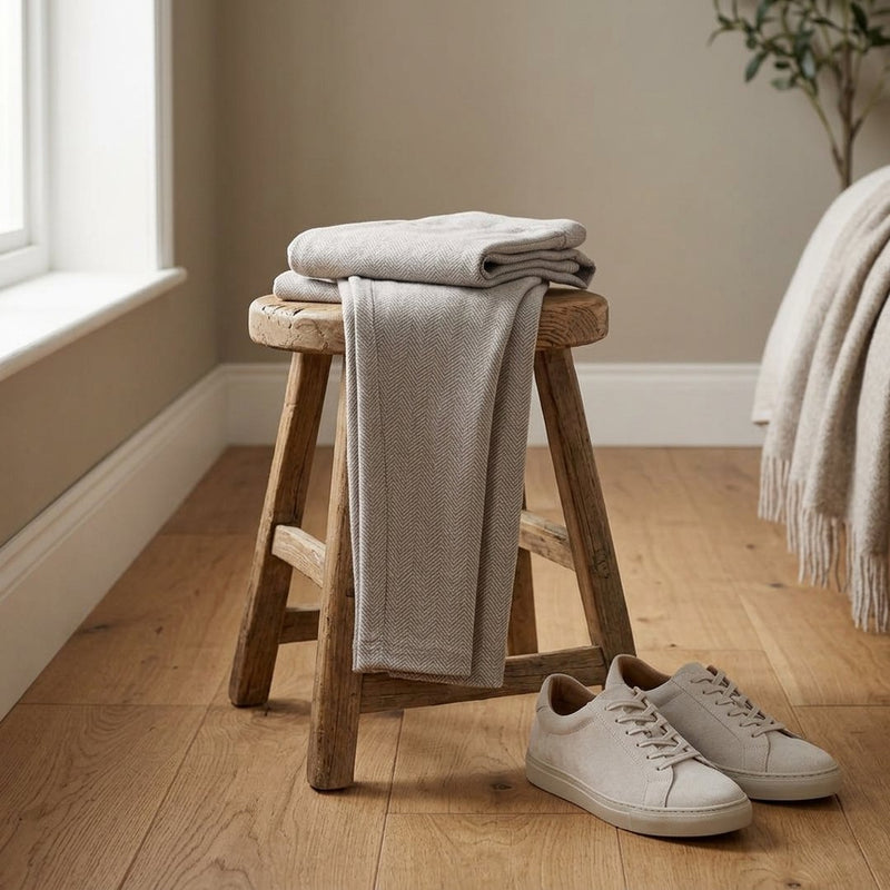 Dzianina Tweed Jodełka Jasny Beż – legginsy z tej tkaniny