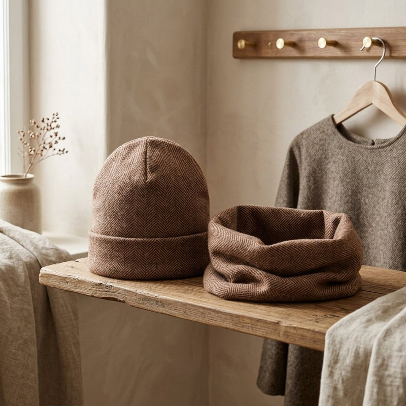 Dzianina Tweed Jodełka Karmelowa – czapka i komin z tej tkaniny