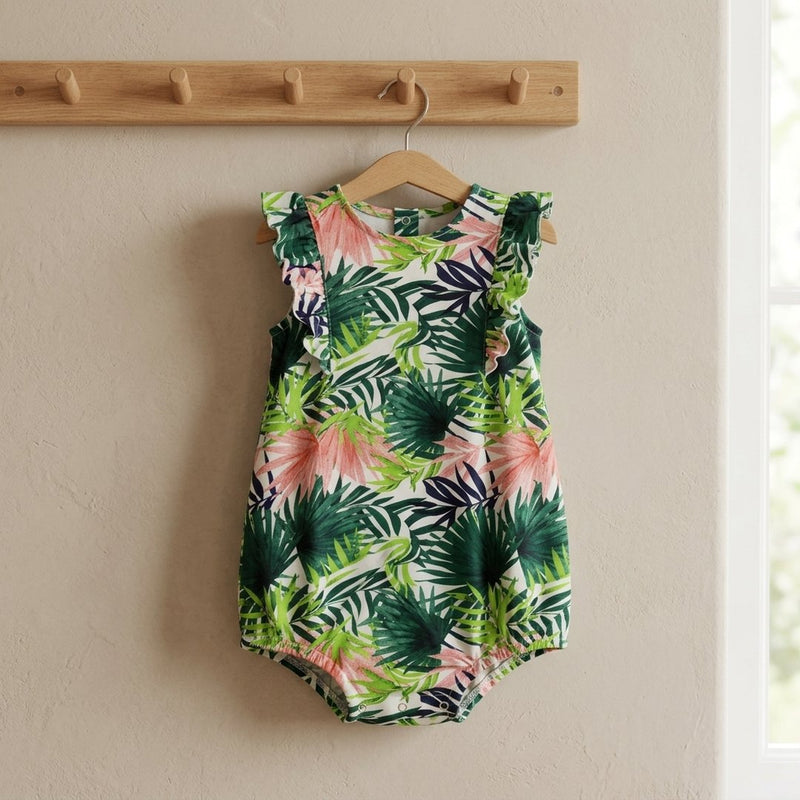 Latina Drukowana Zielone Tropiczne Kwiaty – ubranko dziecięce z tej tkaniny