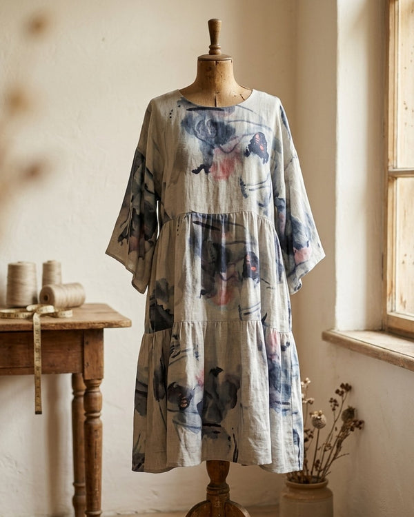 Len Craspo Drukowana Atramentowa Mgła - Sukienka boho