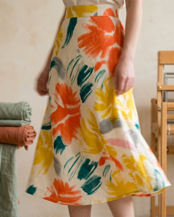 Len Craspo Drukowany Tropic Splash - Spódnica midi lniana