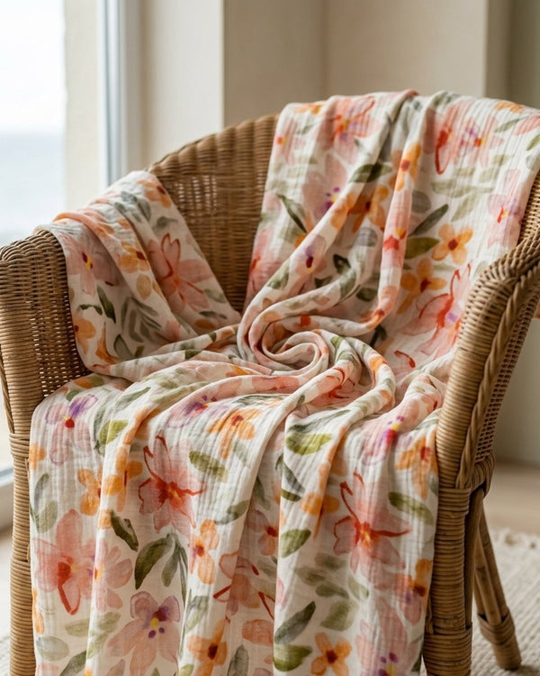 Muślin Drukowany Brzoskwiniowy Ogród - Kimono plażowe