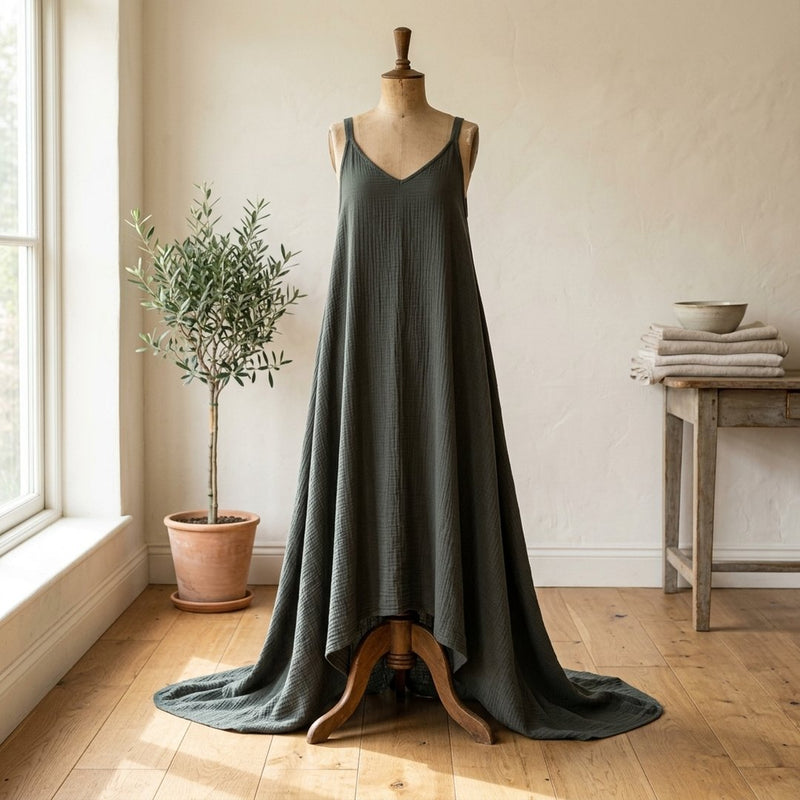 Muślin Waffle Khaki – sukienka maxi letnia z tej tkaniny