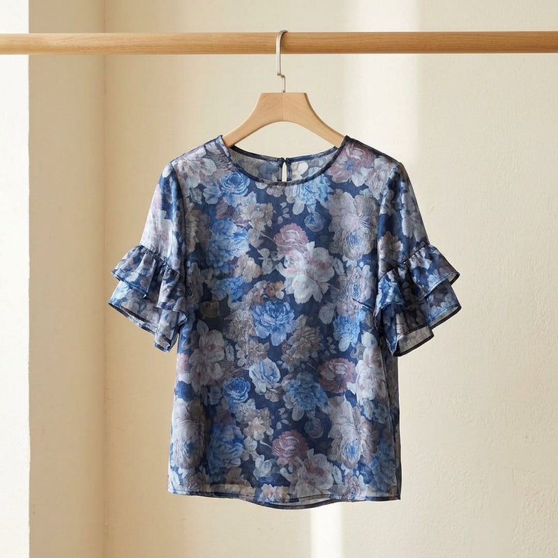 Organza Drukowana Dior – bluzka z falbaną z tej tkaniny