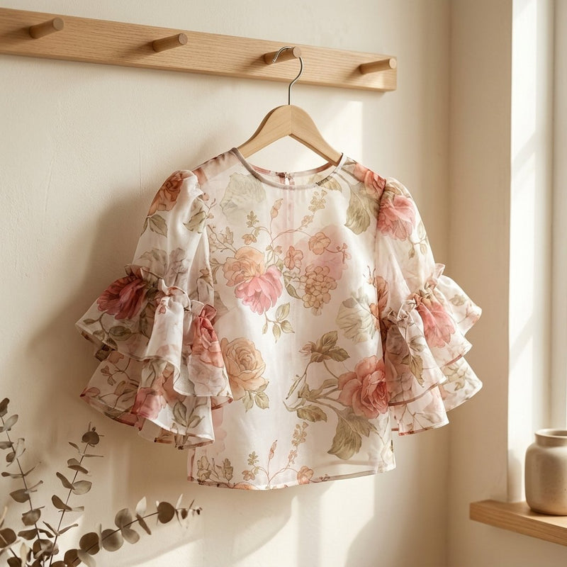 Organza Drukowana Kolorowe Kwiaty – bluzka z falbaną z tej tkaniny