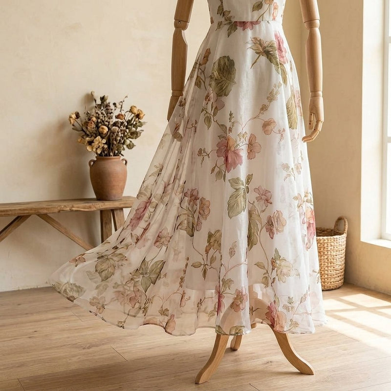 Organza Drukowana Kolorowe Kwiaty – sukienka maxi letnia z tej tkaniny