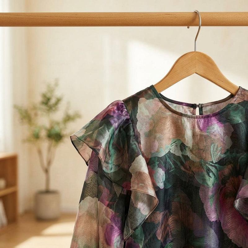 Organza Drukowana Kolorowe Kwiaty – bluzka z falbaną z tej tkaniny