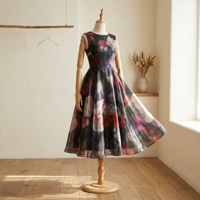 Organza Drukowana Kolorowe Kwiaty – sukienka koktajlowa z tej tkaniny