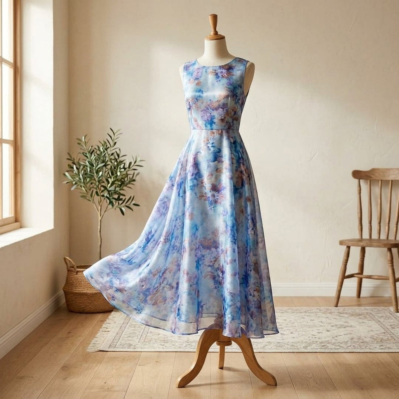 Organza Drukowana Niebieska Kwiecisty świadomy sen – sukienka maxi letnia z tej tkaniny