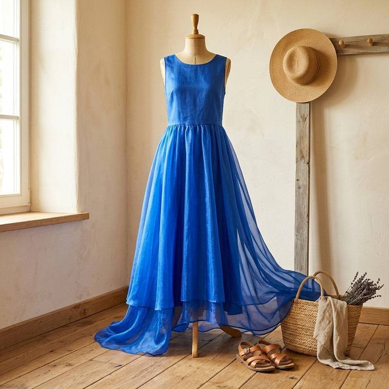 Organza Premium Niebieska – sukienka maxi letnia z tej tkaniny
