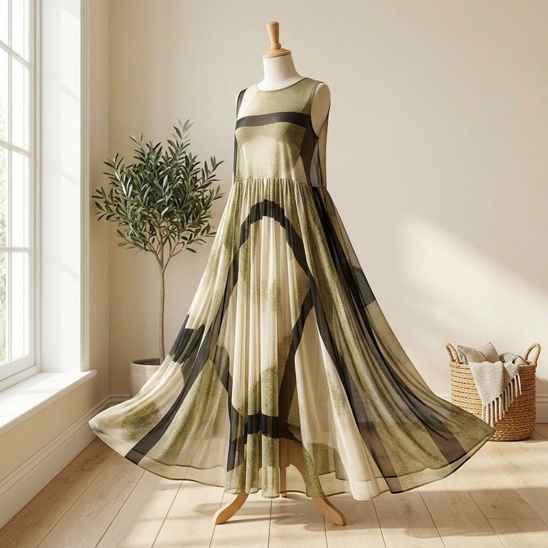 Siatka Drukowana Kwiaty „Olive Garden” – sukienka maxi letnia z tej tkaniny