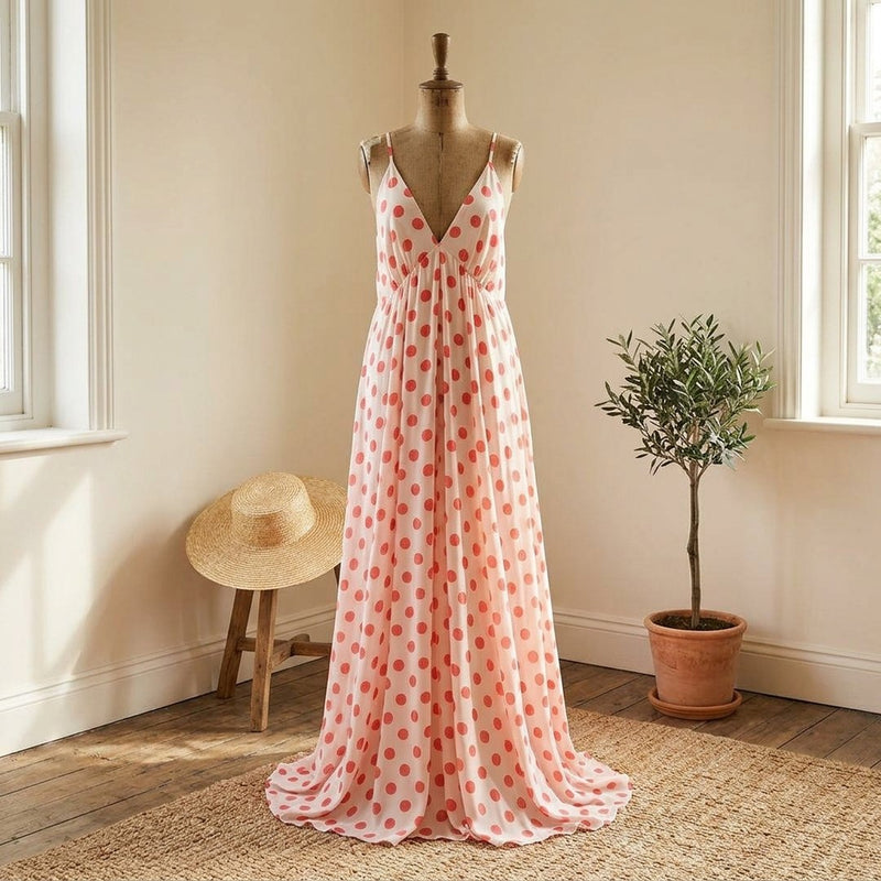 Silk Drukowany Biały Czerwone Kropki Groszki – sukienka maxi letnia z tej tkaniny