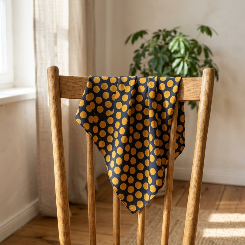 Silk Drukowany Czarny Musztardowe Kropki Groszki – apaszka chusta z tej tkaniny