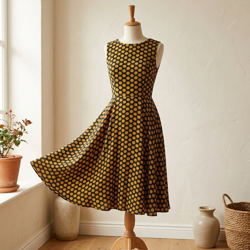 Silk Drukowany Czarny Musztardowe Kropki Groszki – sukienka koktajlowa z tej tkaniny