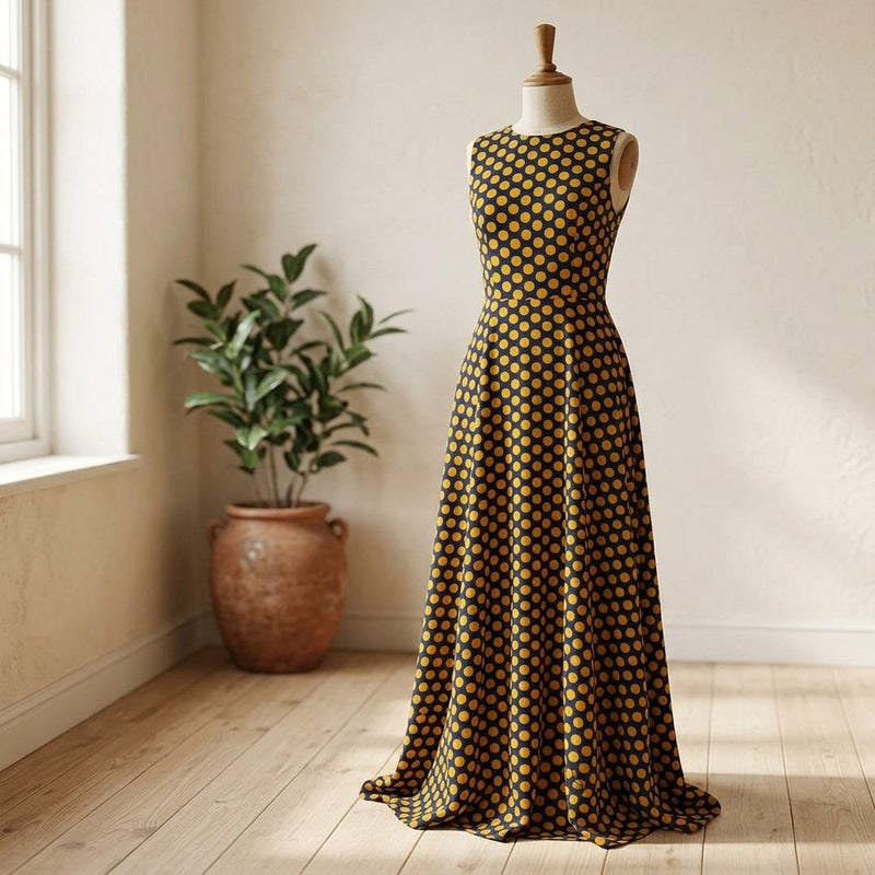 Silk Drukowany Czarny Musztardowe Kropki Groszki – sukienka maxi letnia z tej tkaniny