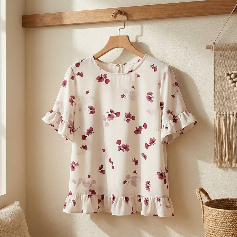 Silk Drukowany Czerwone Kwiaty – bluzka z falbaną z tej tkaniny