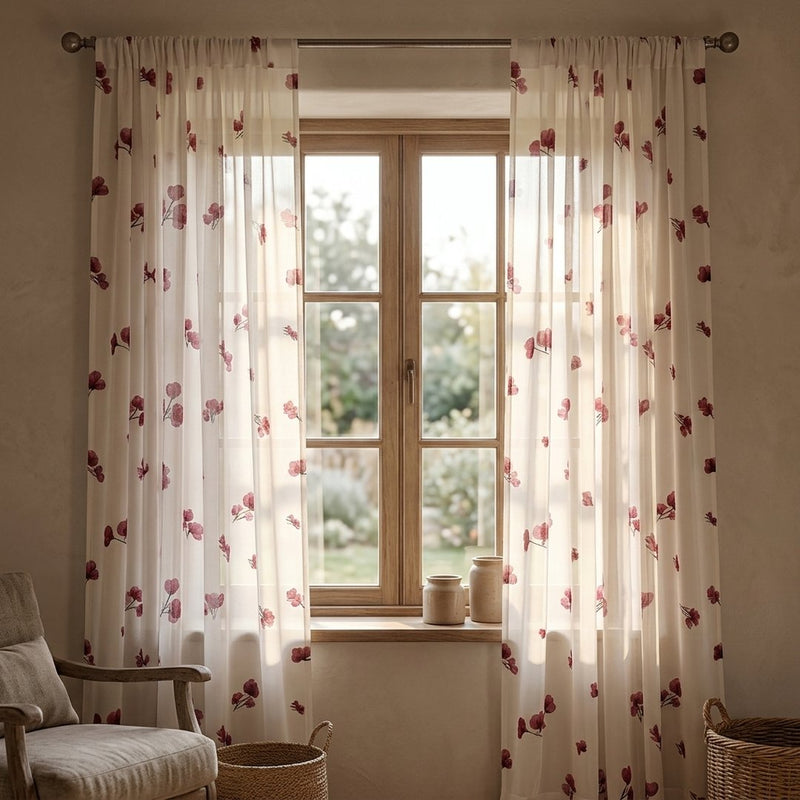 Silk Drukowany Czerwone Kwiaty – lekkie firany z tej tkaniny