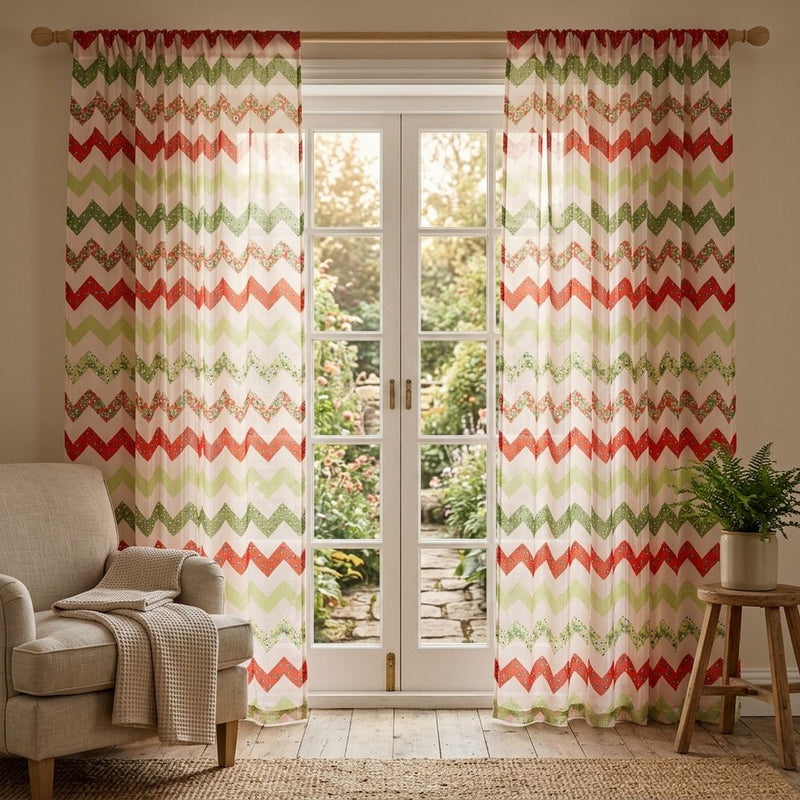 Silk Drukowany Czerwony Zygzak – lekkie firany z tej tkaniny