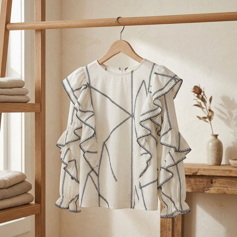 Silk Drukowany Exclusive Wzory Geometryczne – bluzka z falbaną z tej tkaniny
