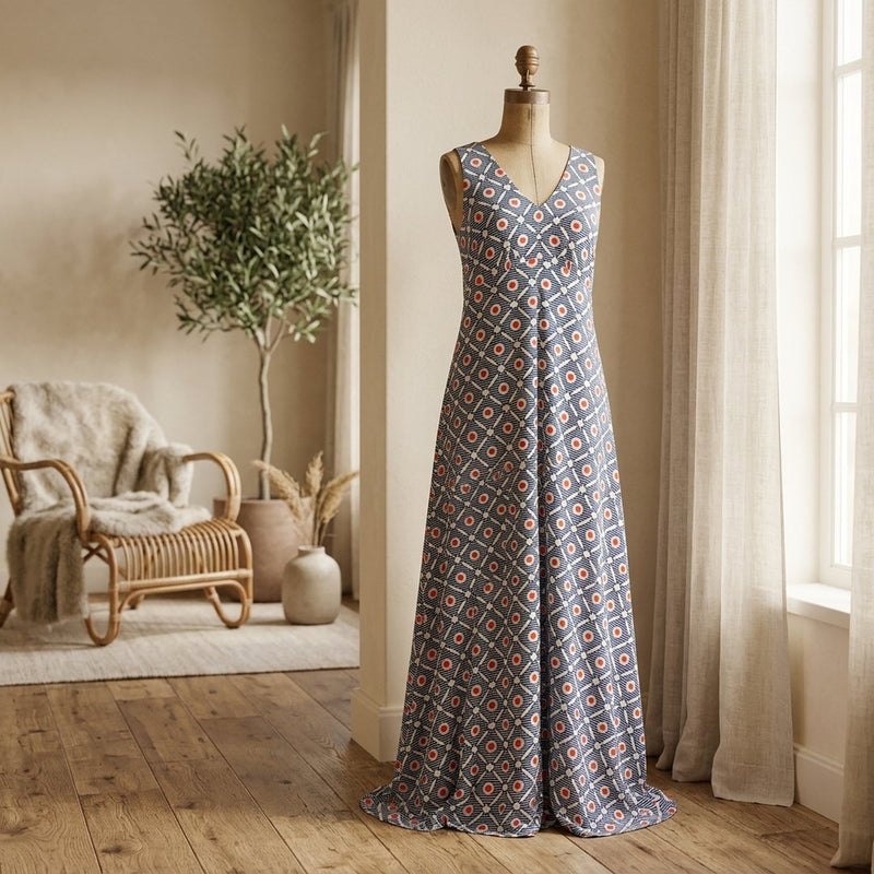 Silk Drukowany Geometria Paris – sukienka maxi letnia z tej tkaniny