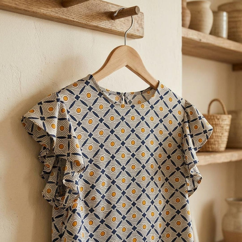 Silk Drukowany Granatowa Geometria Paris – bluzka z falbaną z tej tkaniny