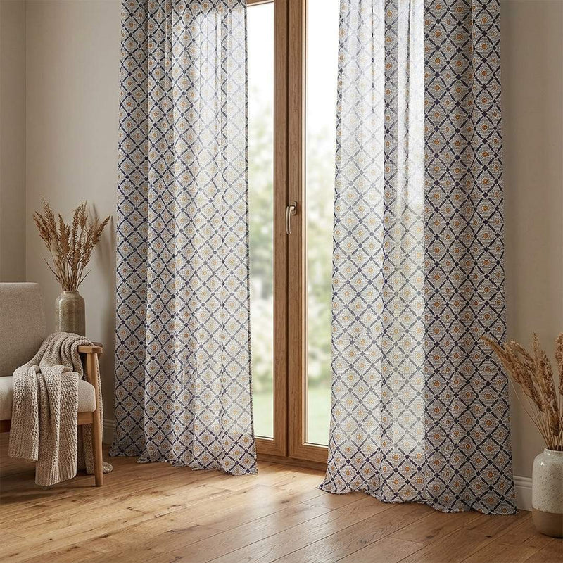 Silk Drukowany Granatowa Geometria Paris – lekkie firany z tej tkaniny