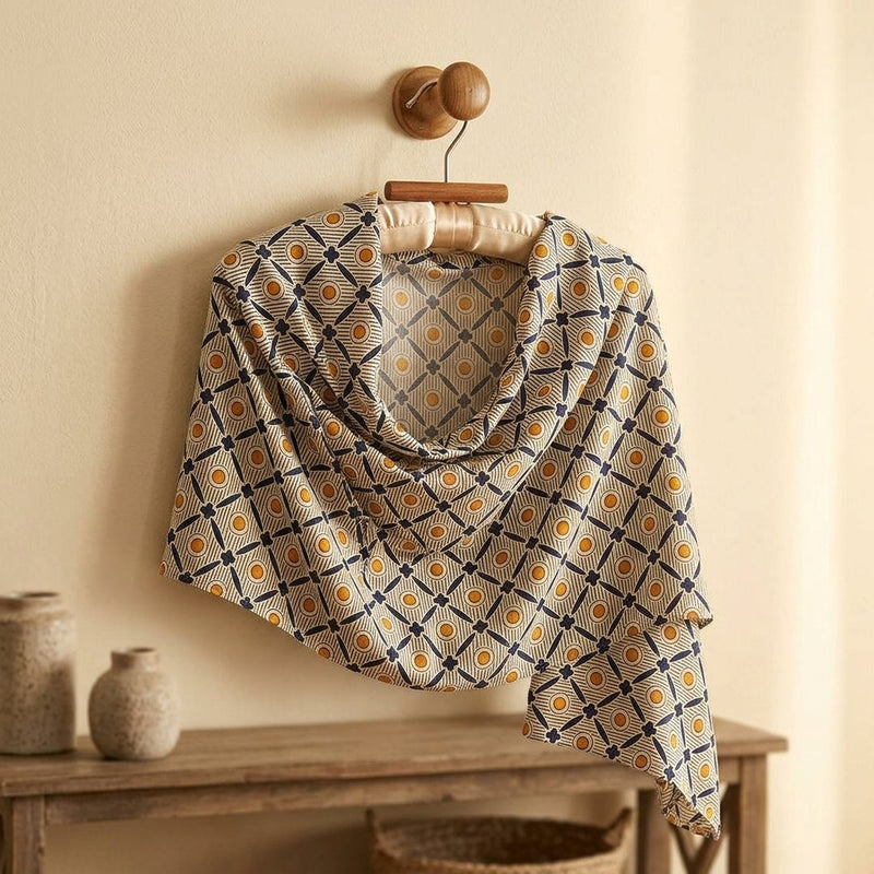 Silk Drukowany Granatowa Geometria Paris – narzutka wieczorowa z tej tkaniny