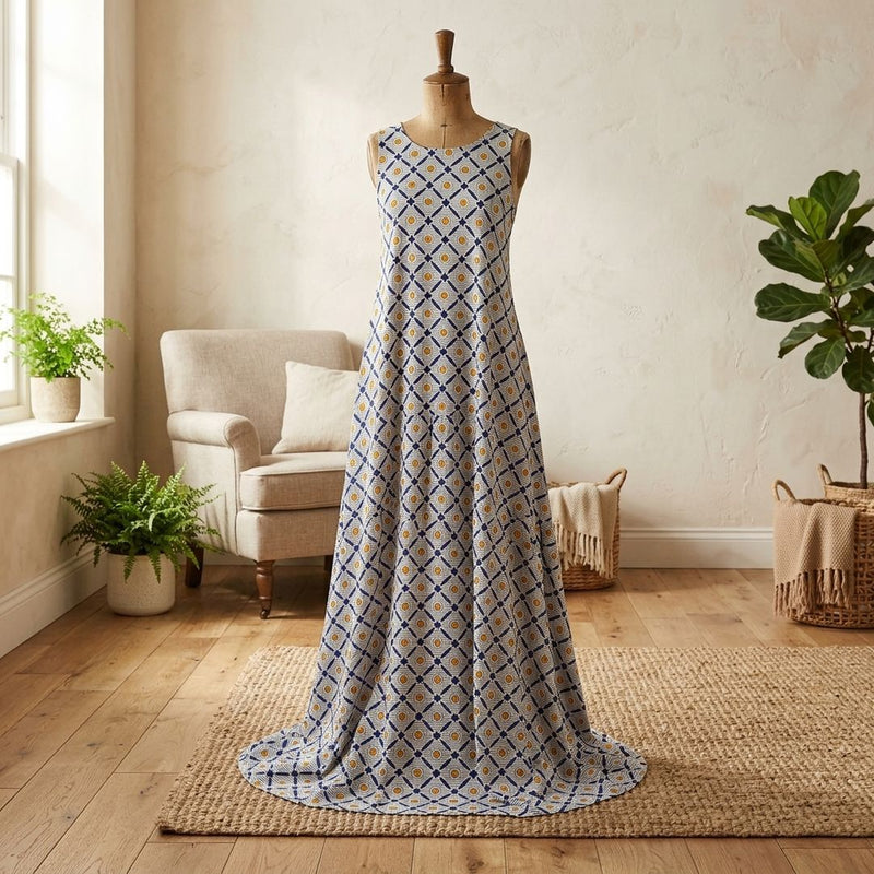 Silk Drukowany Granatowa Geometria Paris – sukienka maxi letnia z tej tkaniny