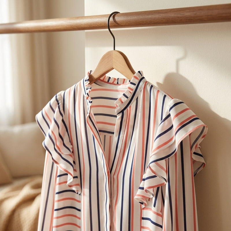 Silk Drukowany Kolorowe Paski – bluzka z falbaną z tej tkaniny