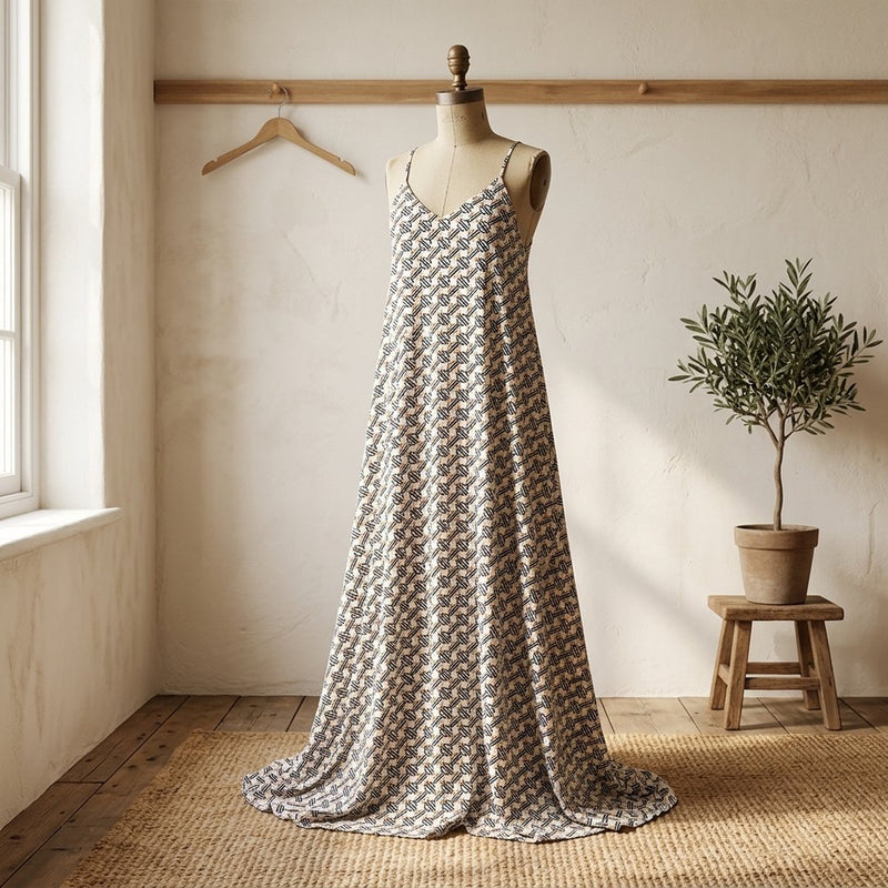 Silk Drukowany Kolorowe Wzory – sukienka maxi letnia z tej tkaniny