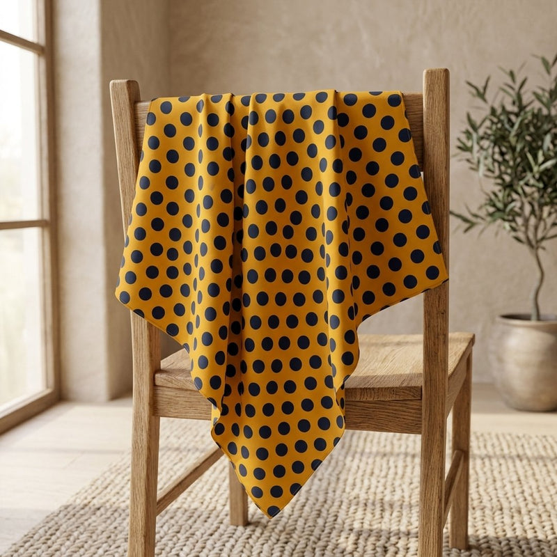 Silk Drukowany Musztardowy Czarne Kropki Groszki – apaszka chusta z tej tkaniny