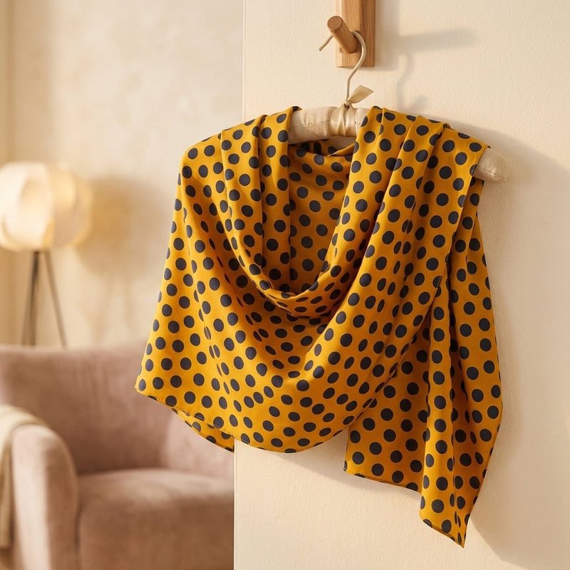 Silk Drukowany Musztardowy Czarne Kropki Groszki – narzutka wieczorowa z tej tkaniny