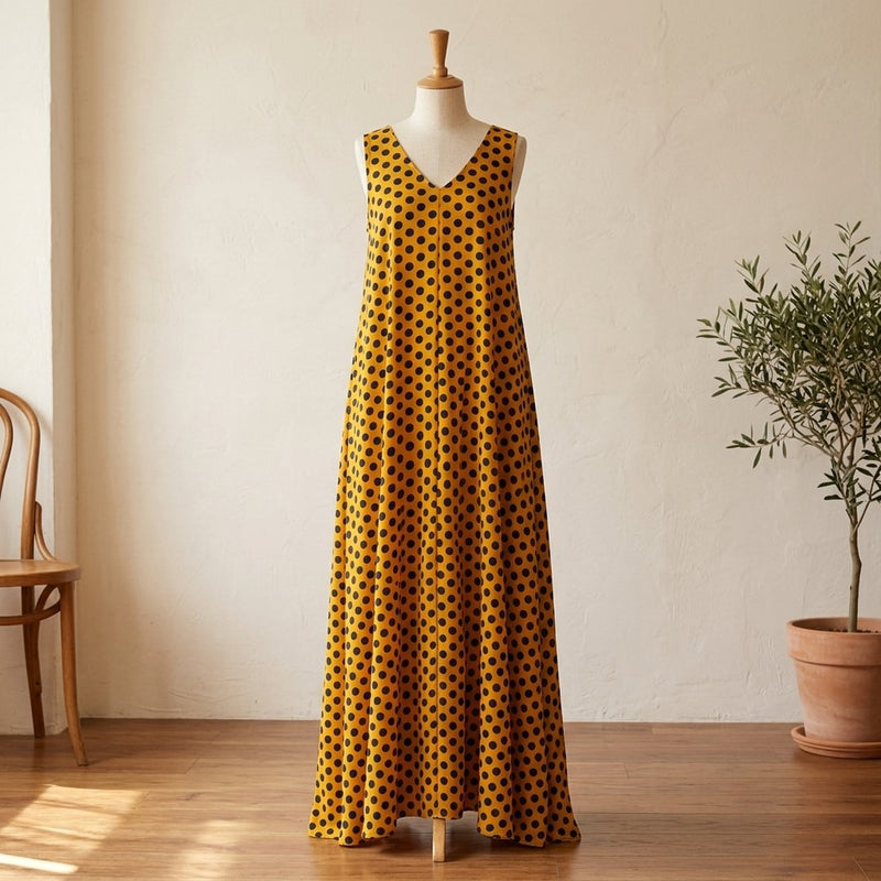 Silk Drukowany Musztardowy Czarne Kropki Groszki – sukienka maxi letnia z tej tkaniny