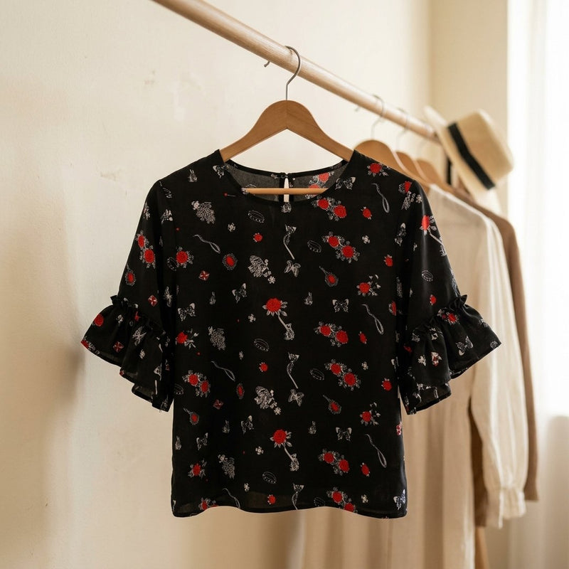 Silk Drukowany Nocny Ogród – bluzka z falbaną z tej tkaniny