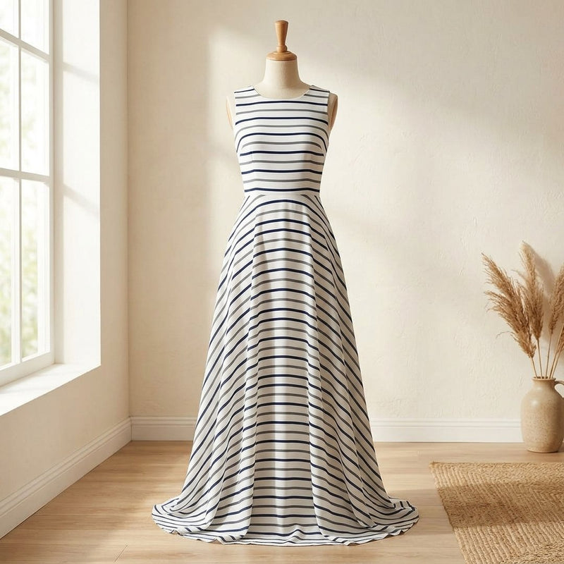 Silk Drukowany Szare Paski – sukienka maxi letnia z tej tkaniny