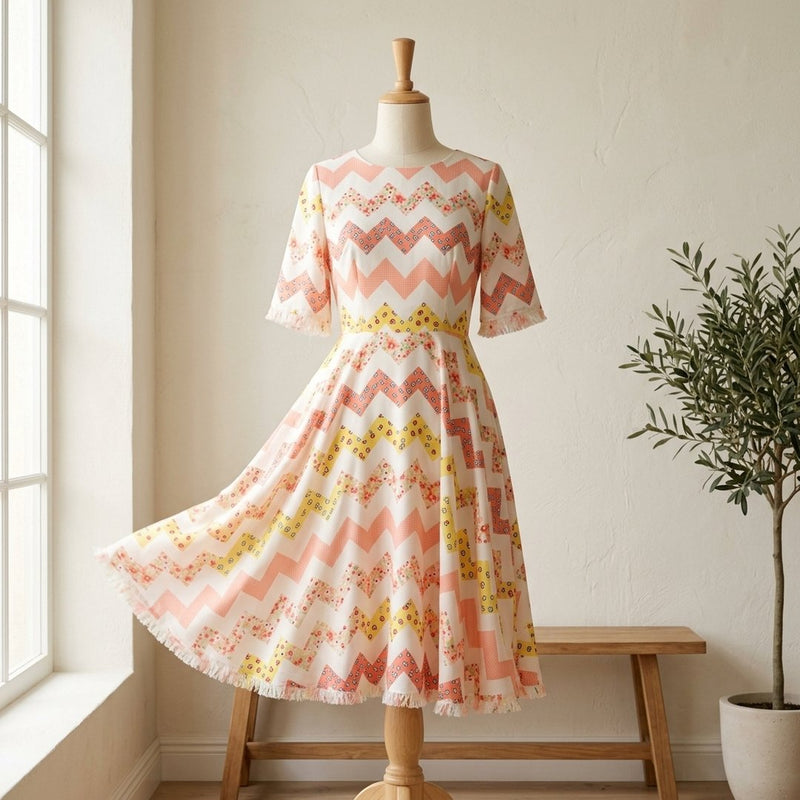 Silk Drukowany Żółty Zygzak – sukienka koktajlowa z tej tkaniny